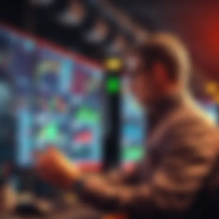 A trader looking at financial charts on a computer screen, focused on market shifts and trends, with a concerned expression.