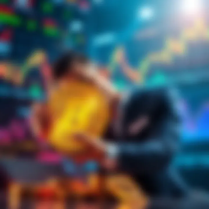 A confident trader placing a large bet on Bitcoin's price increase with charts and graphs in the background showing market volatility.