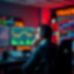 A trader sitting at a desk, looking thoughtful while analyzing charts on multiple screens, symbolizing the decision to skip trading days
