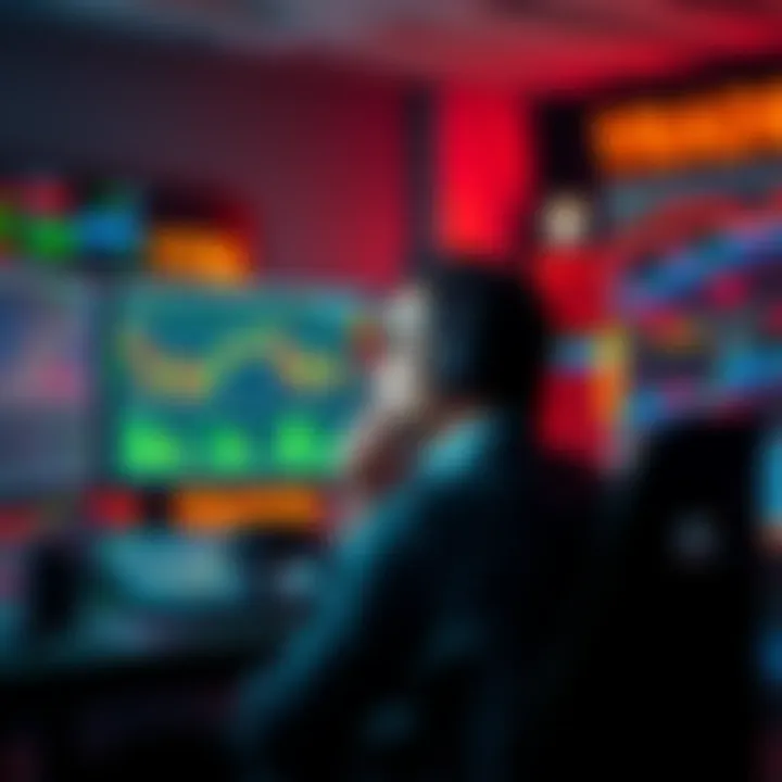 A trader sitting at a desk, looking thoughtful while analyzing charts on multiple screens, symbolizing the decision to skip trading days