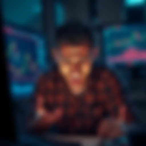 A frustrated trader holding their head in despair over falling cryptocurrency values, surrounded by charts and a computer screen showing negative trends.