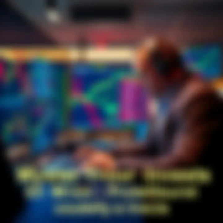 A trader analyzing stock market trends with a laptop and financial charts before a major political address.