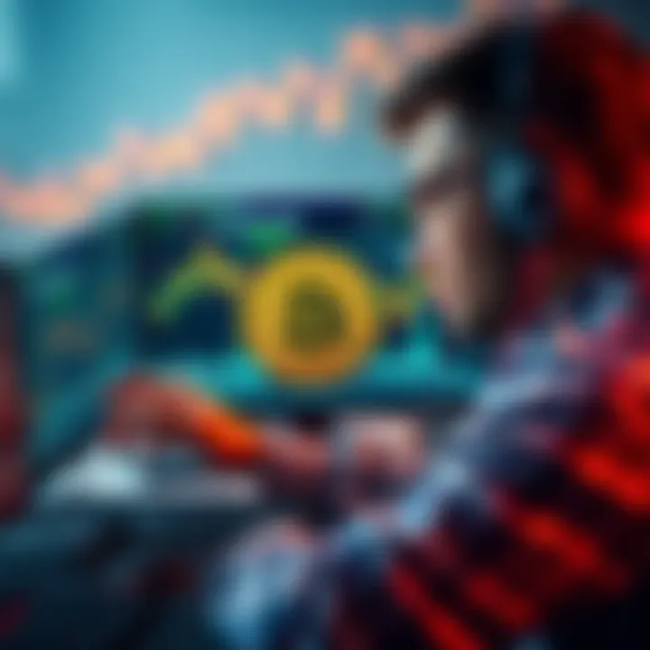 A trader analyzes Bitcoin market charts, highlighting a $5 million long position with charts and screens showing upward trends.