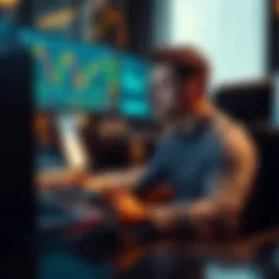 A trader sits at a desk looking focused and determined after passing a prop firm challenge, with charts on the screen and a notepad in hand.
