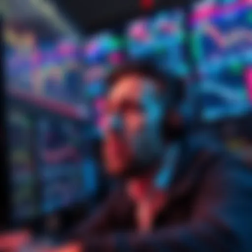 A stressed trader staring at multiple screens showing market graphs and numbers, reflecting anxiety about trading decisions.