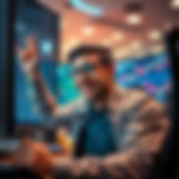 A happy trader looking at a computer screen with charts and graphs, celebrating a profit made from betting on tweets.