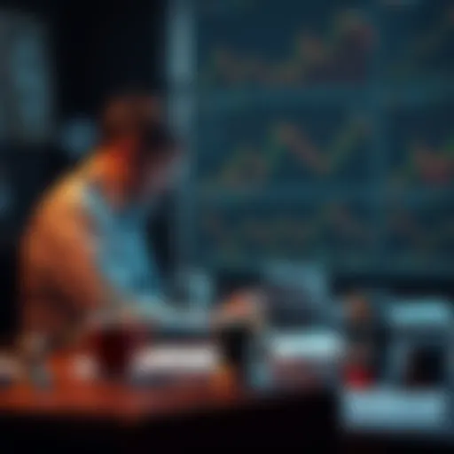 A seasoned trader sitting alone at a desk looking stressed while reviewing cryptocurrency charts on a laptop, surrounded by coffee cups and papers