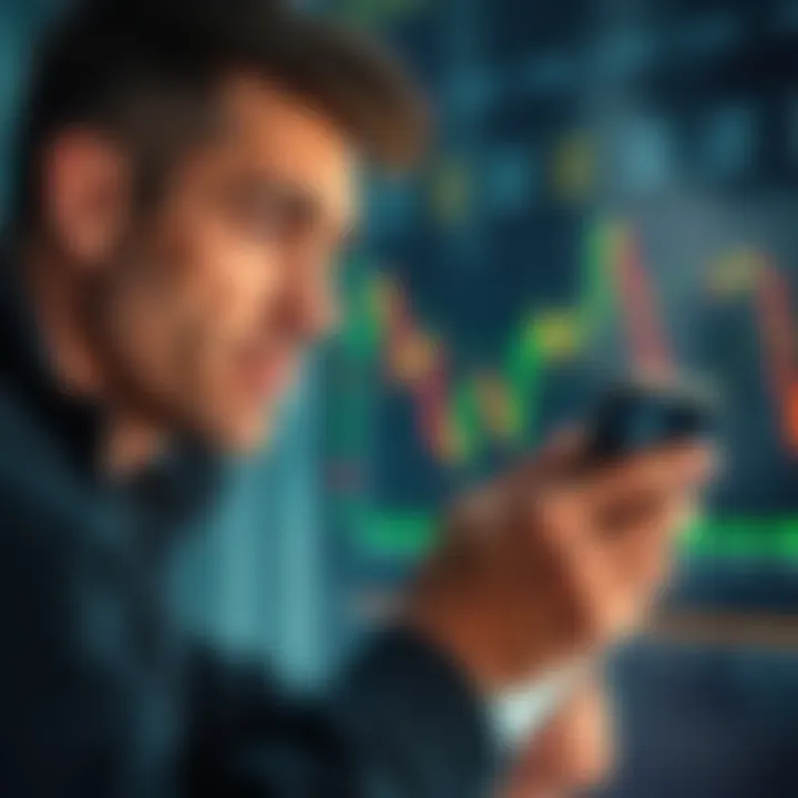 Trader feeling regret about selling Ethereum A frustrated trader looking at a chart showing a recent drop in Ethereum prices, with a worried expression while holding a mobile phone.