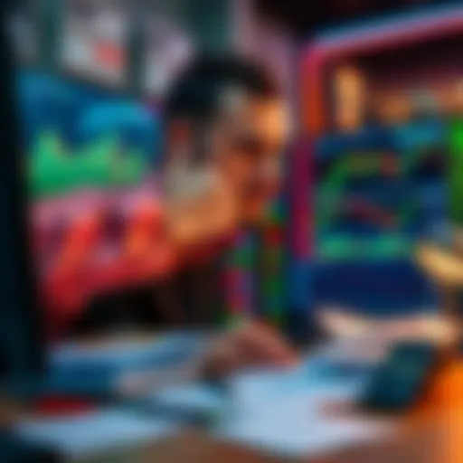 A trader analyzing stock charts on a computer, reflecting deep focus and concern over recent losses, with notes and trading tools around them.