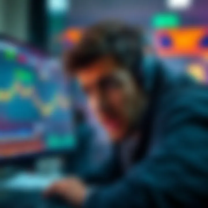 A frustrated trader looks at a computer screen displaying delisted cryptocurrency on Bitget, with a worried expression, symbolizing challenges in selling dead coins after platform closure