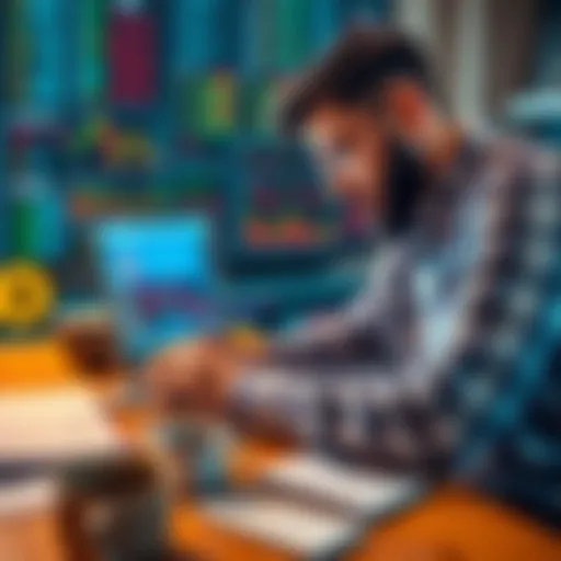 A trader focused on analyzing cryptocurrency charts on a laptop, surrounded by notes and coffee, reflecting on a plan to restart their trading journey after a break.