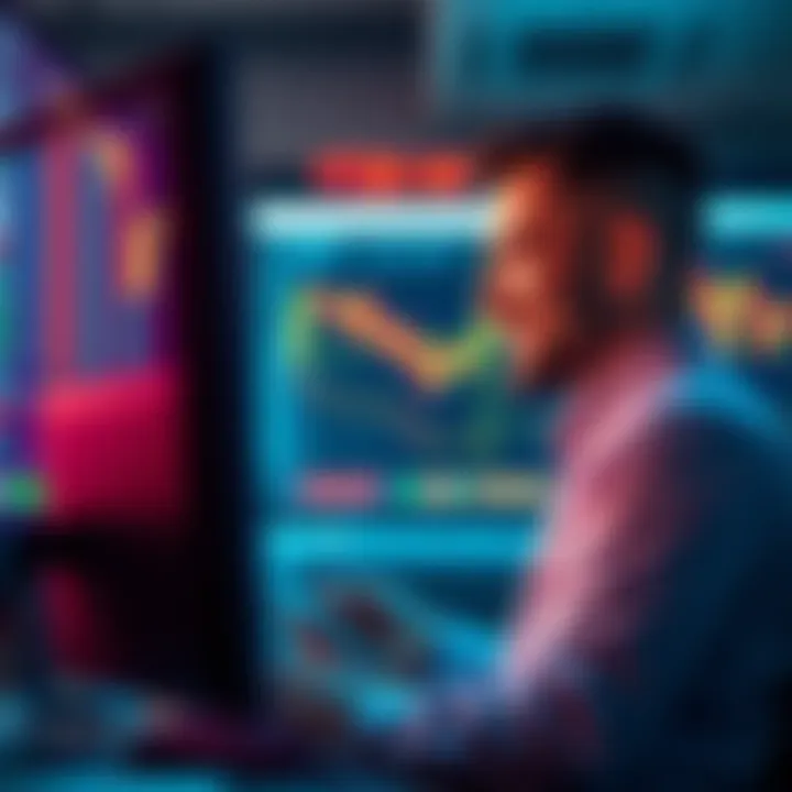 A happy trader looking at a screen showing successful take-profit alerts after a market rise