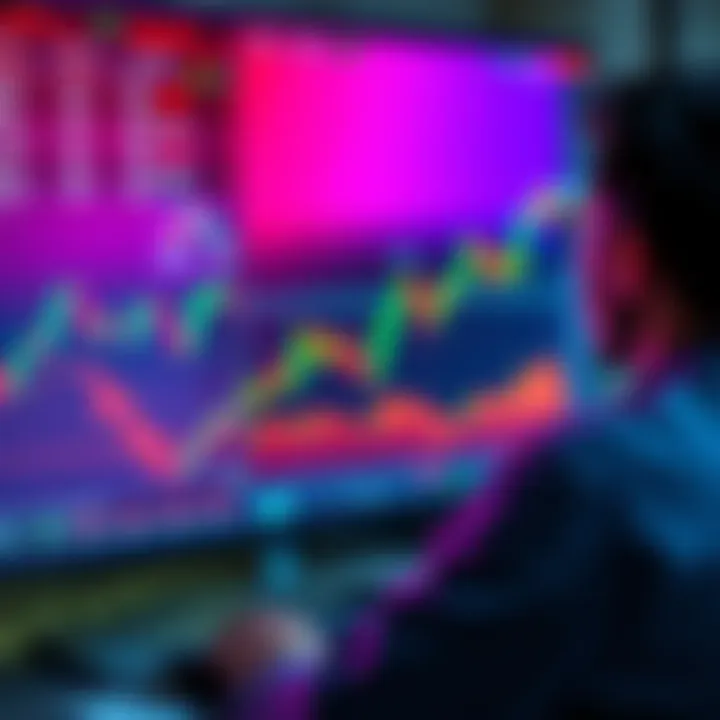 A trader looking at market charts on a computer screen, displaying fluctuating prices and candlestick patterns.