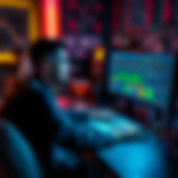 A person sitting at a desk with a computer screen showing trading charts, holding a drink, looking contemplative.