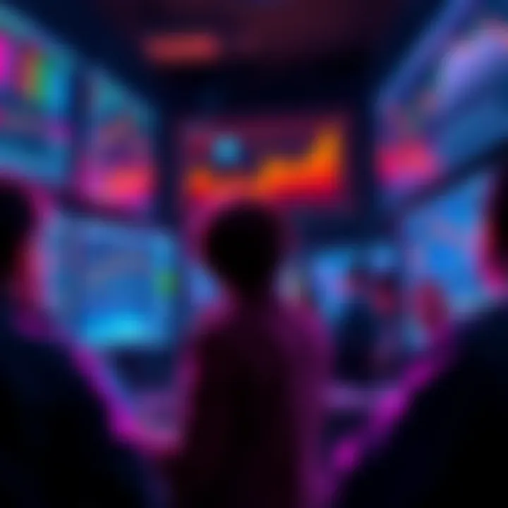 A group of traders examining cryptocurrency price charts on multiple screens, showing rapid market changes