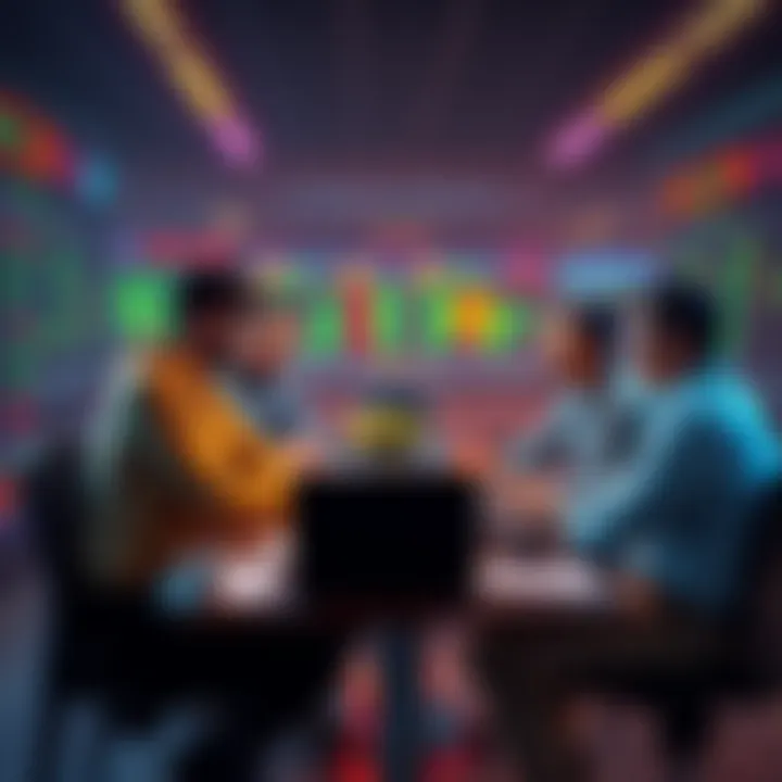 A group of diverse people discussing cryptocurrency trading tips with laptops and notes around a table