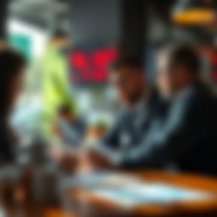 A group of traders at a coffee shop, looking at charts and discussing their trading results quietly