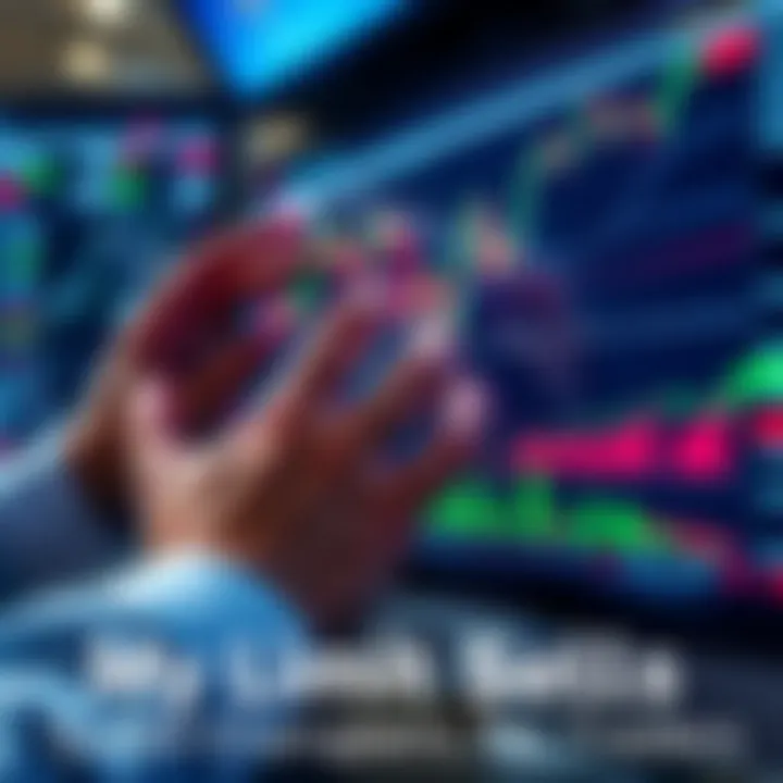 A close-up of a trader's hands adjusting limit sell settings on a computer screen displaying stock price charts and graphs