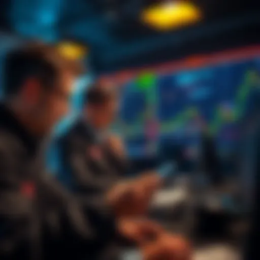 Group of traders looking at charts and discussing strategies in a crypto market setting