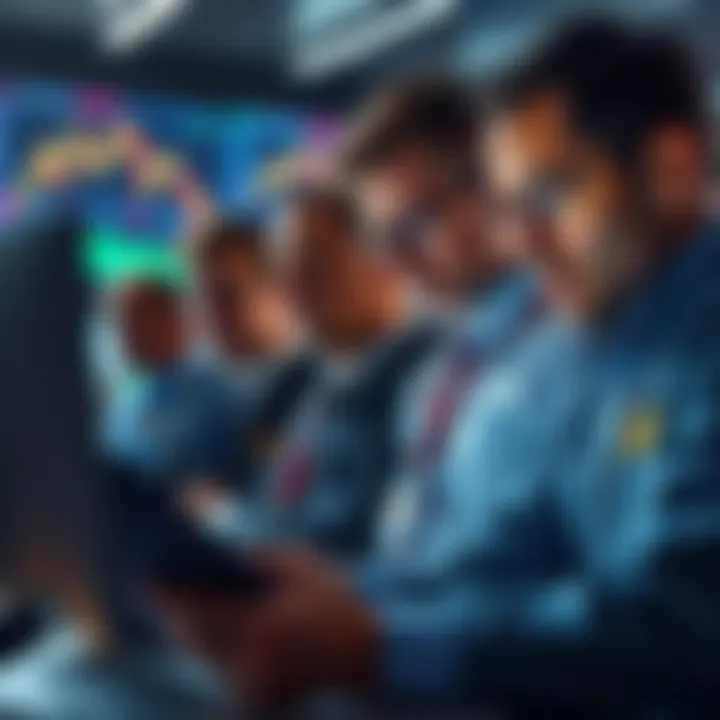 A group of traders looking at market charts and graphs, showing a downward trend, symbolizing losses in trading performance.