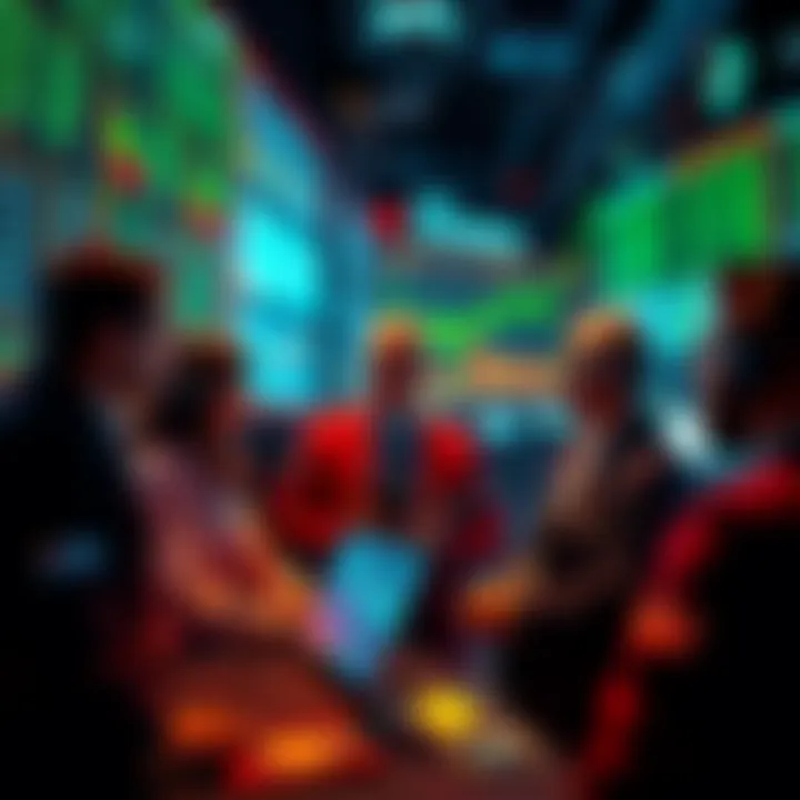 Group of traders watching stock charts on screens, discussing strategies to improve profits by selling during price dips