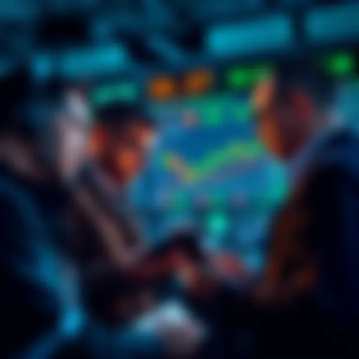 A group of traders looking at financial charts and graphs, showing a downward trend in the market.