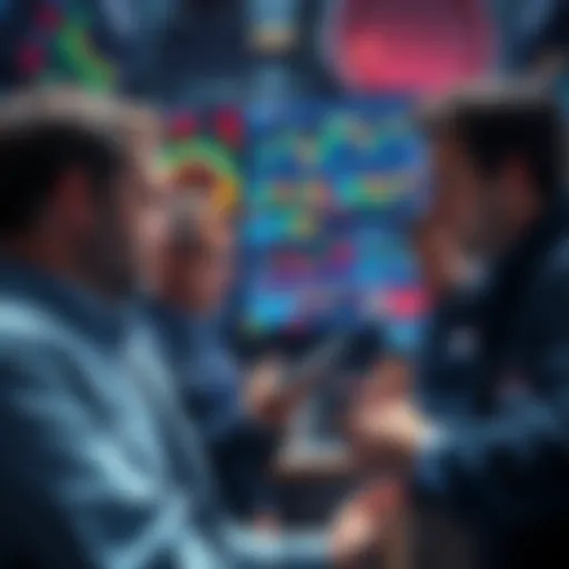 A group of traders looking at charts and screens displaying fast market changes and trends, with graphs showing bear market signs.