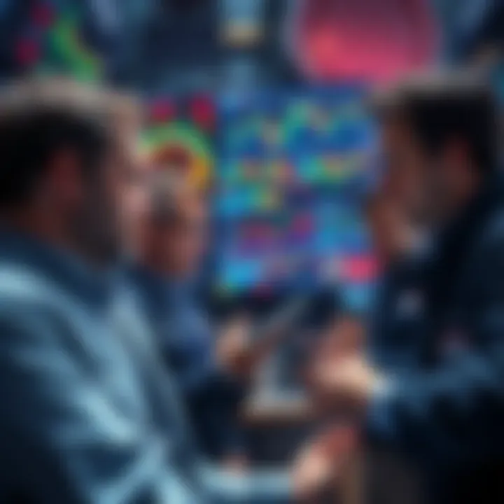 A group of traders looking at charts and screens displaying fast market changes and trends, with graphs showing bear market signs.