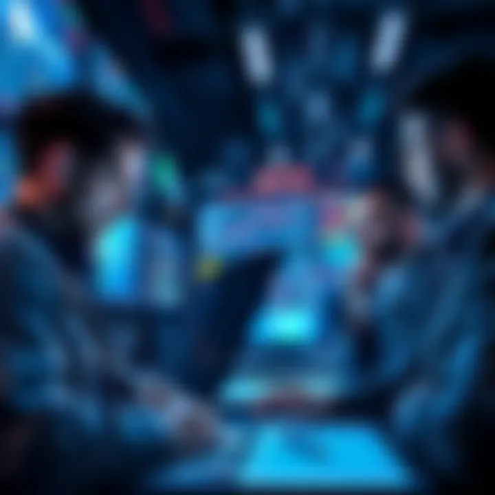 Group of traders discussing strategies for new token listings on BitMart with charts and data on screens