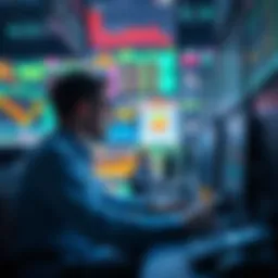 Traders at Computers A former 9-5 worker focused on trading at a computer for long hours, surrounded by multiple screens displaying stock charts and financial data.