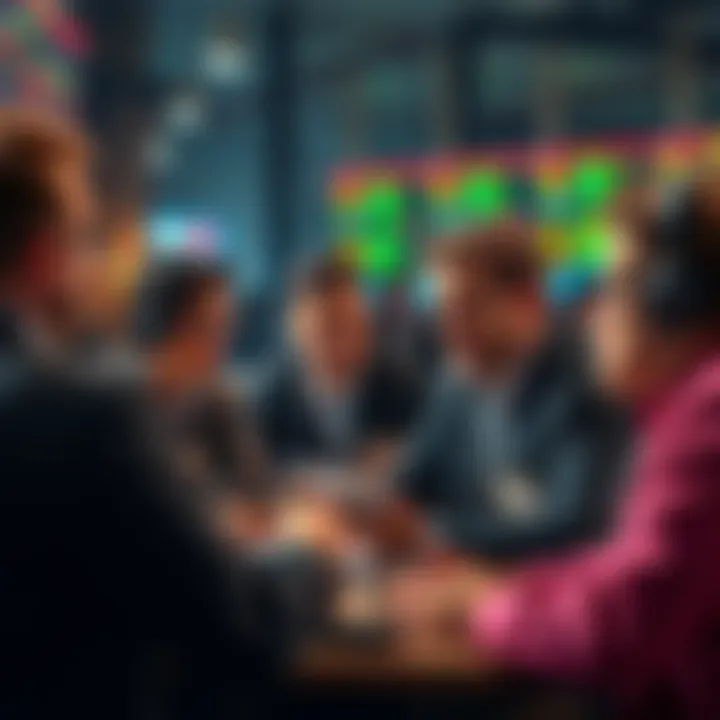 A group of traders engaged in conversation sharing trading ideas and strategies in a lively discussion setting.