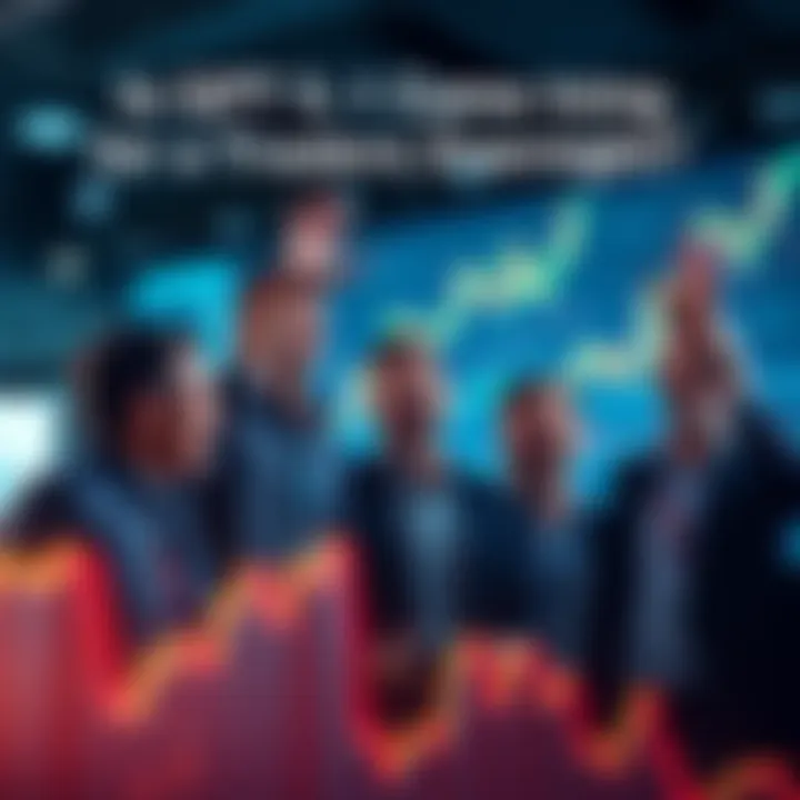 A group of traders excitedly discussing their successful trades after using GPT5.1 for predictions, with charts and graphs in the background showing upward trends.