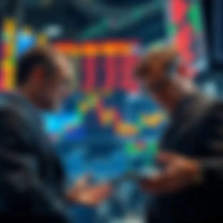 Frustrated traders look at stock market graphs showing a significant drop, contemplating their next move on investments.