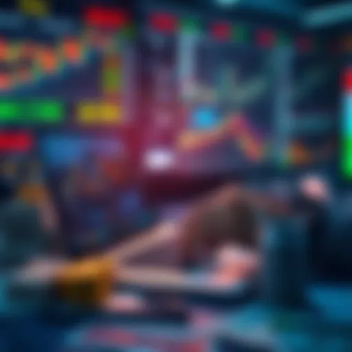 A trader analyzing financial graphs on a laptop with stacks of money and investment charts in the background