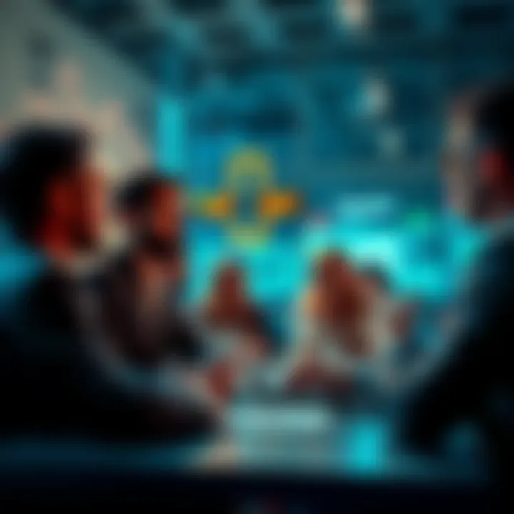 A group of people engaged in a trading discussion, sharing ideas and insights on events and strategies.