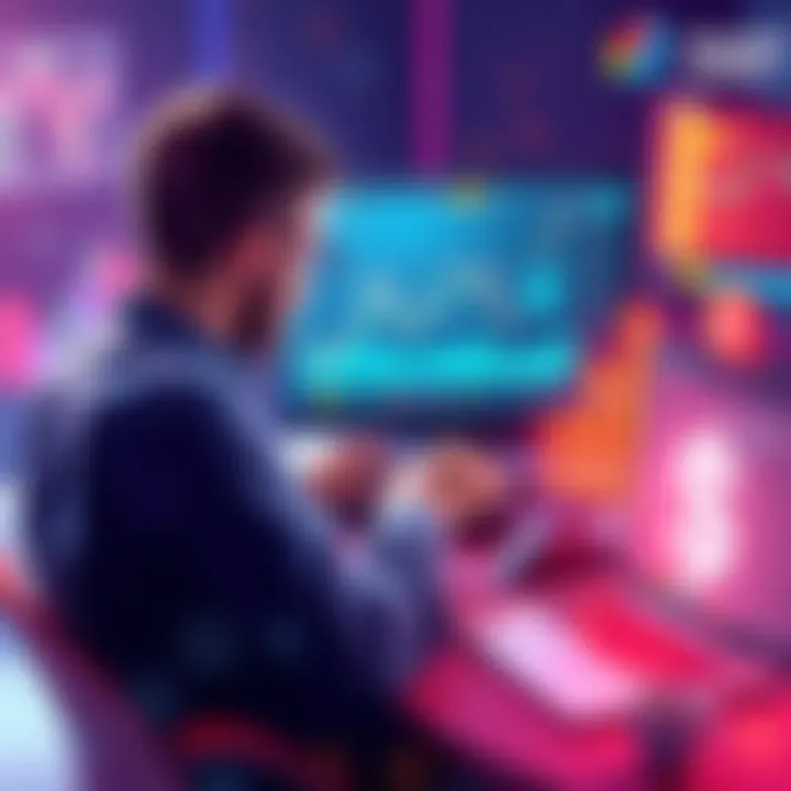 A person analyzing trading charts on a laptop with dollar signs and growth graphics around them