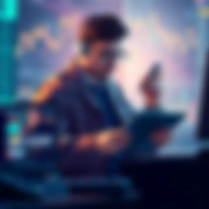 Illustration showing a trader analyzing data with charts and graphs while using LeverageTradeMaxxing for better trading strategies