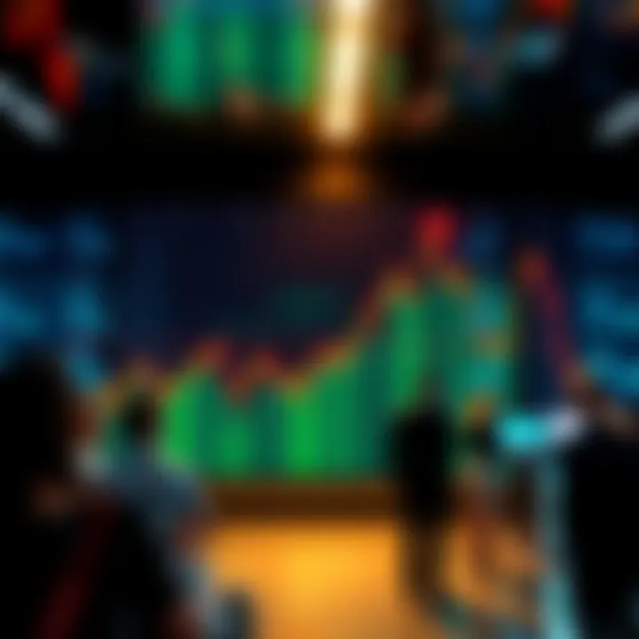 A graphic representing a stock chart with a sharp upward trend and people discussing trading activity
