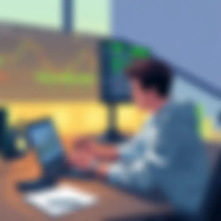 An illustration of a person studying trading charts and notes at a desk with a laptop and notepad.