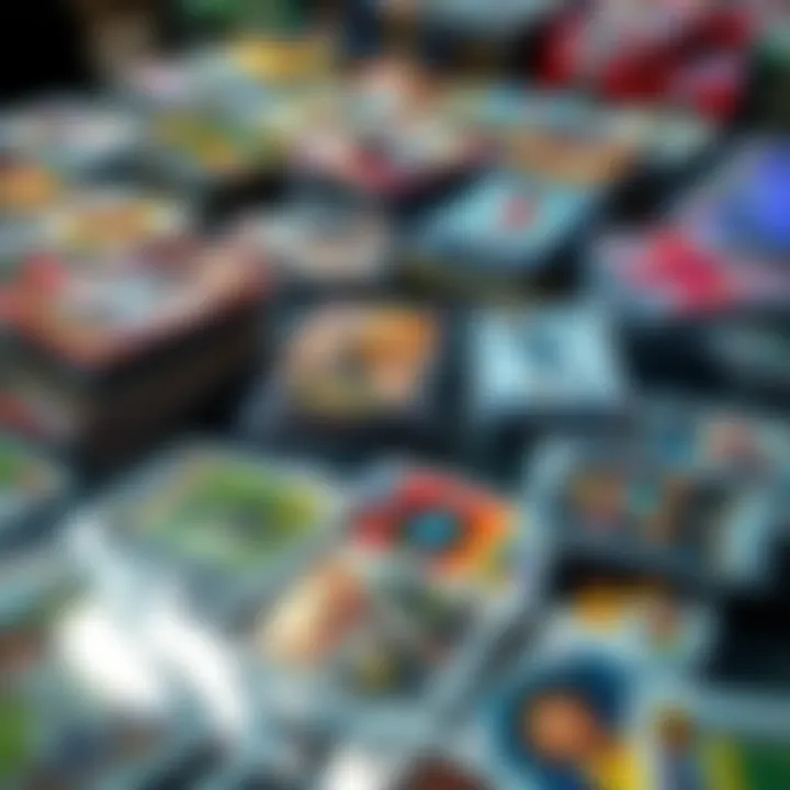A variety of trading cards spread out on a table, some in protective sleeves, showing high-value cards for sale.