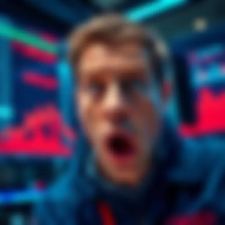 A trader looking shocked, surrounded by charts showing rising prices and red loss indicators, emphasizing confusion in a market transaction