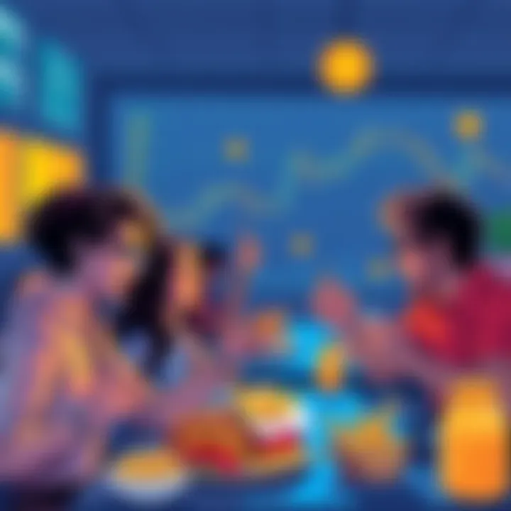 An illustration of people participating in a trading contest, excitedly tracking their progress on screens, with food items symbolizing meals for families in the background.