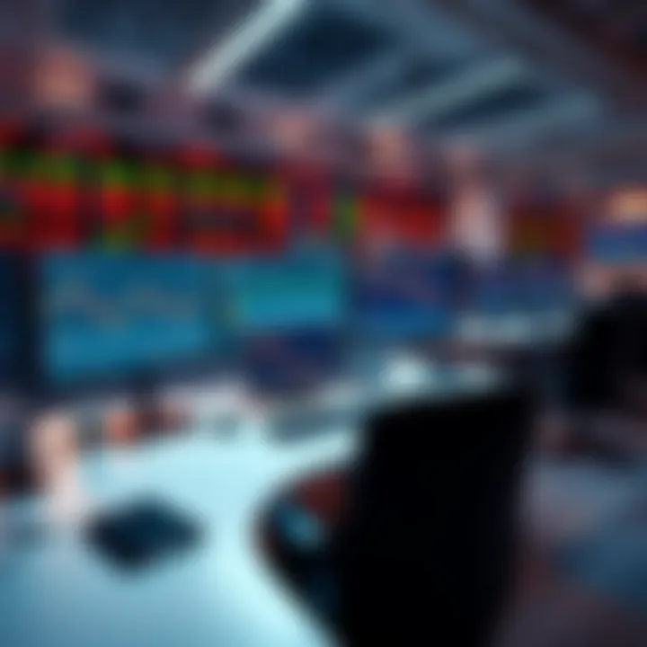 A clean trading desk with multiple monitors displaying stock charts and financial data
