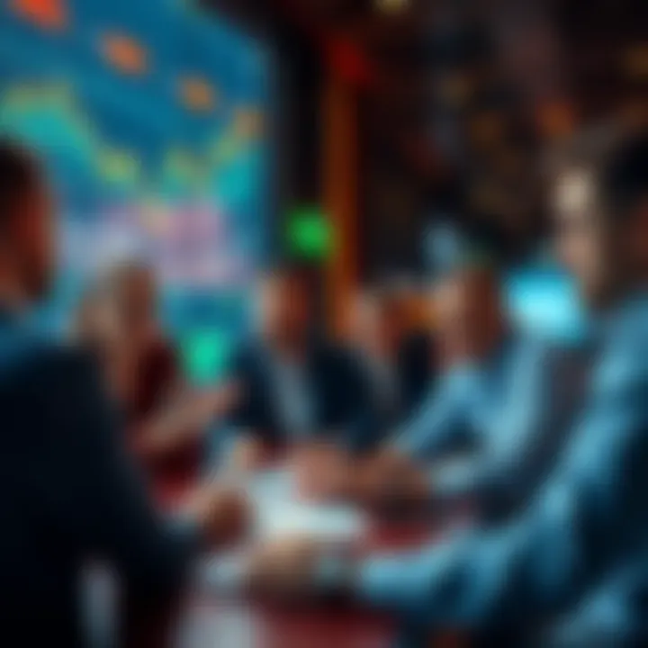 A group of people engaging in a lively trading discussion, sharing tips and strategies with charts and graphs visible.