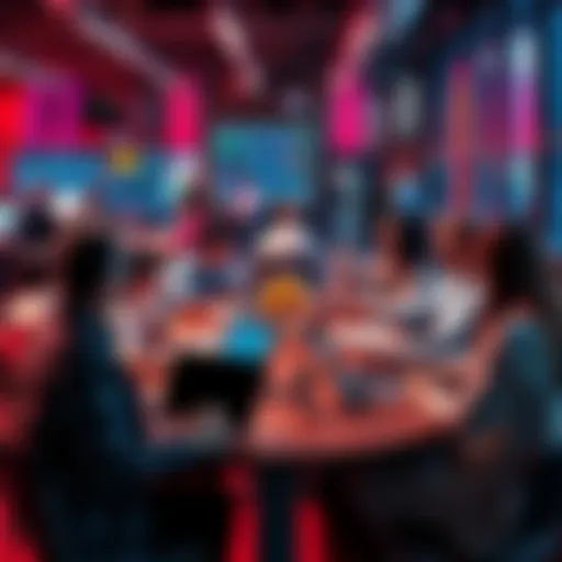 People engaging in a lively discussion about trading strategies and current events at a table with laptops and notebooks