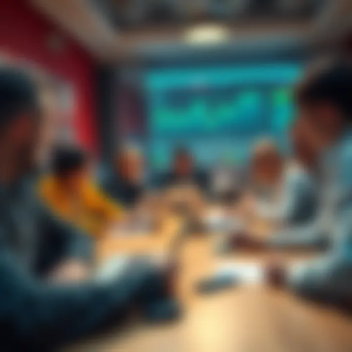 A group of people sharing ideas and strategies around a table with laptops and notepads during a trading discussion.