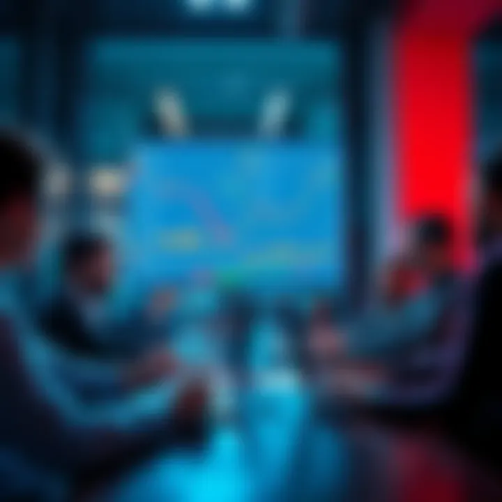 A group of people discussing trading strategies and market events, with laptops and charts present, emphasizing community engagement and the Lightning Network for tipping.