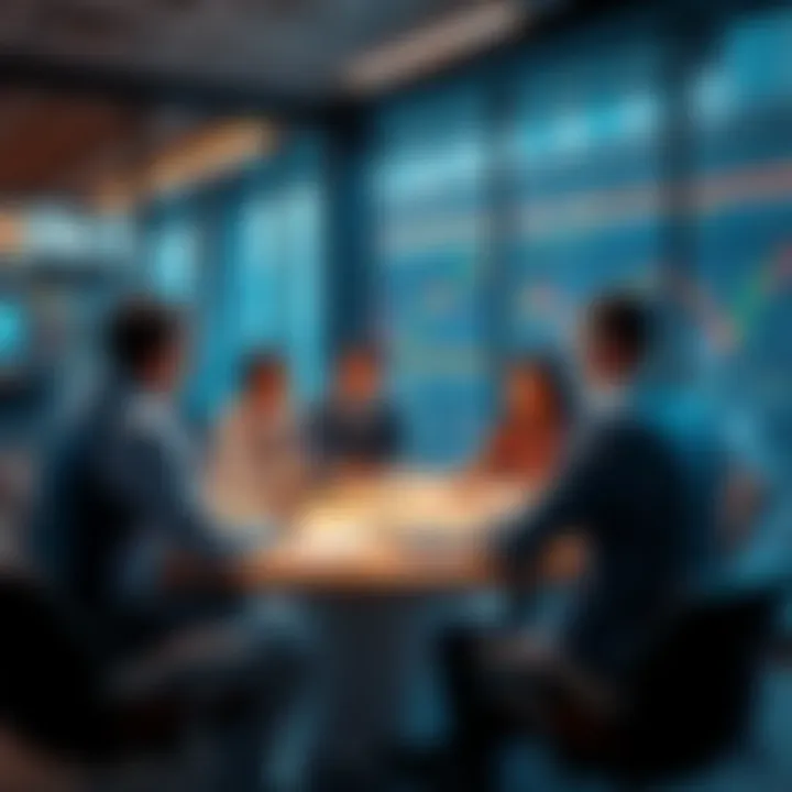 A group of people engaged in a lively discussion about trading strategies and market insights at a round table.