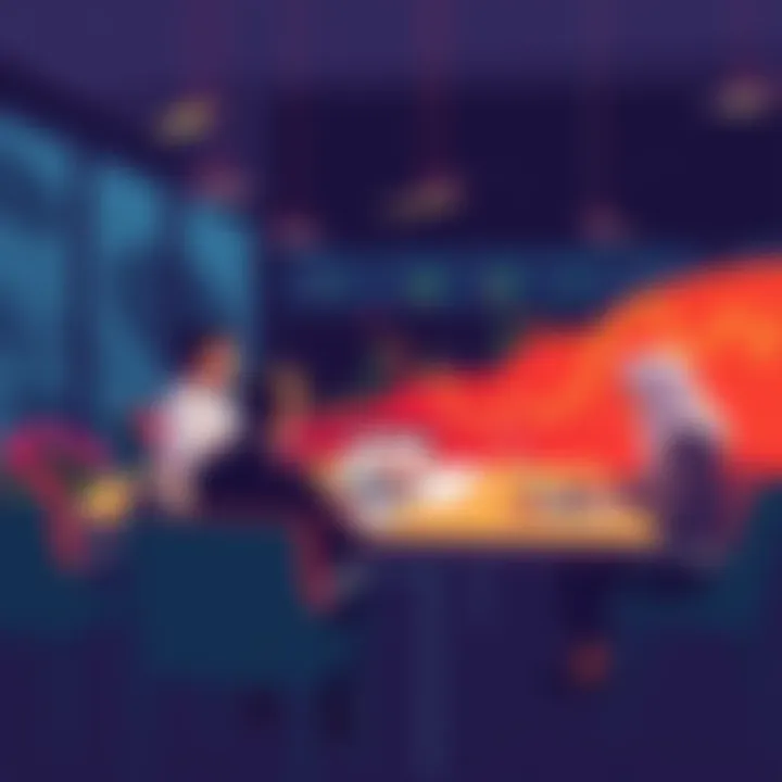 A group of people discussing trading strategies at a table with charts and laptops.