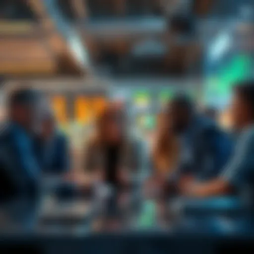 A group of people engaging in a lively discussion about trading strategies and market trends.